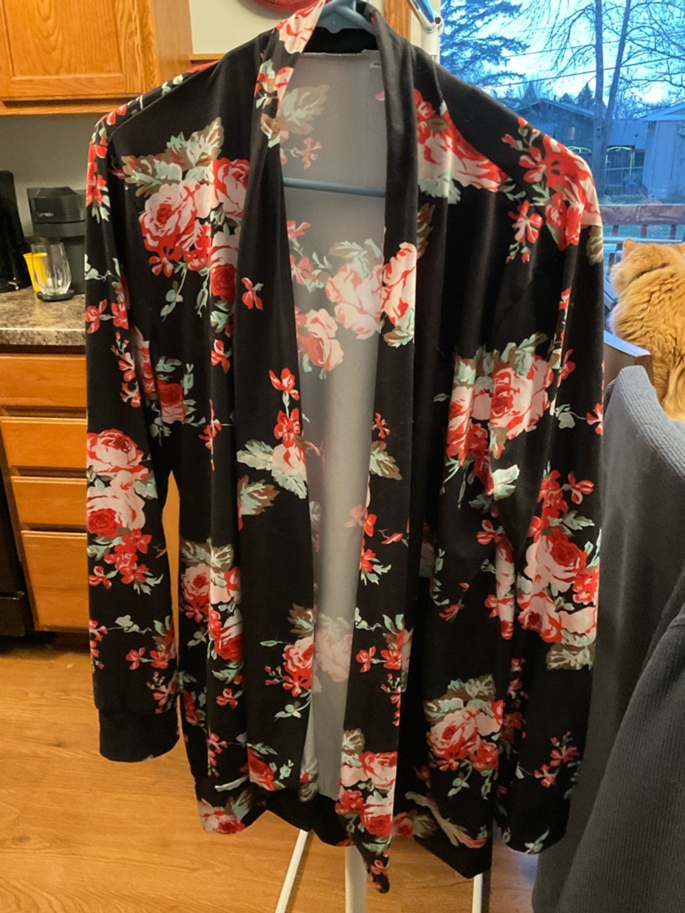 Black Floral Open Front Cardigan - Red & Green Rose Print